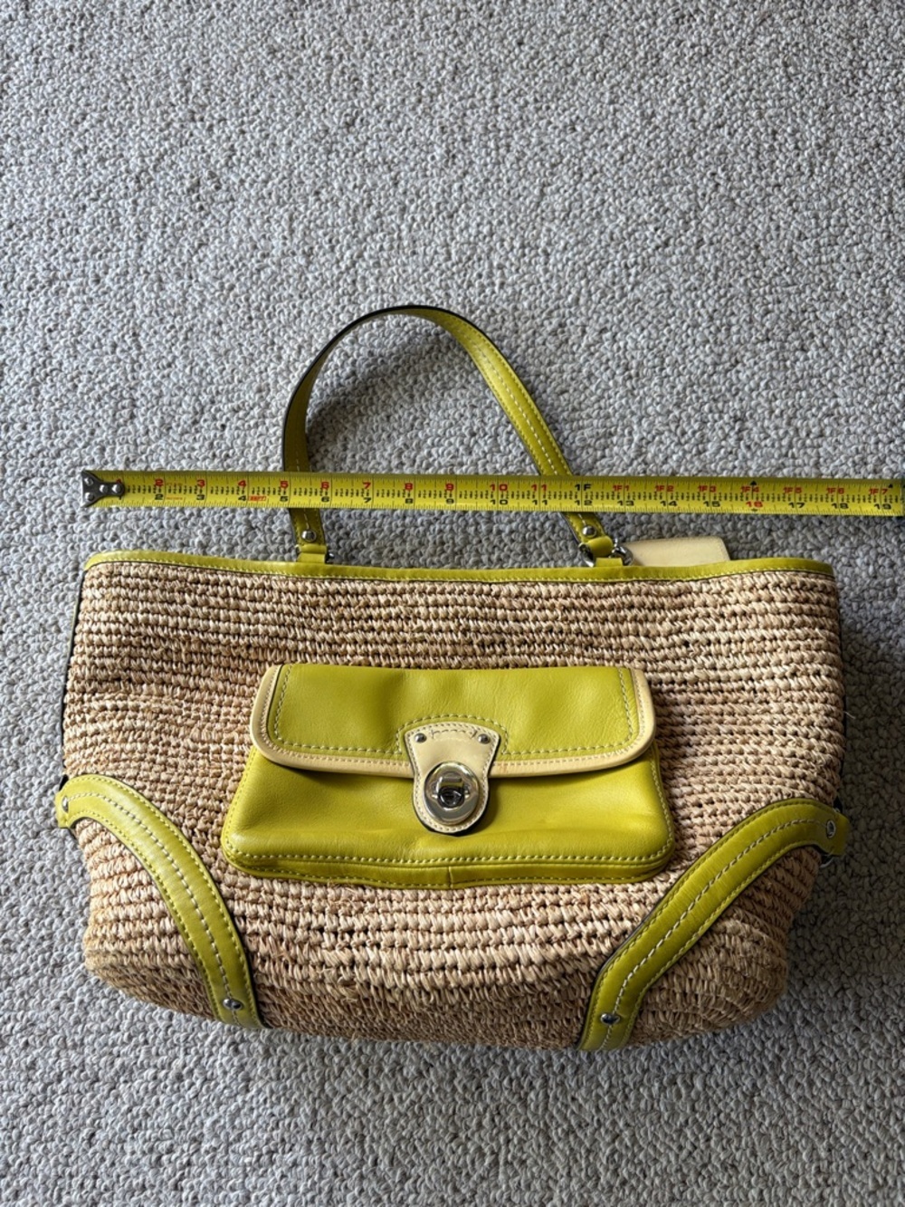 Coach 22904 Vintage Y2K Green Leather + Wicker Raffia Tote Summer Classic Preppy - Picture 15 of 16